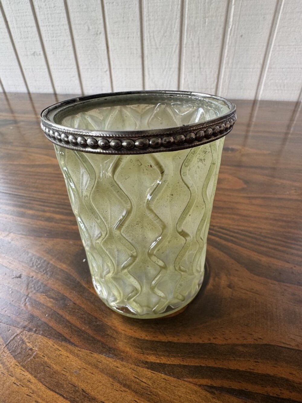 Mercury Glass Candle Holder Vase Beaded Metal Rim 4.75 in